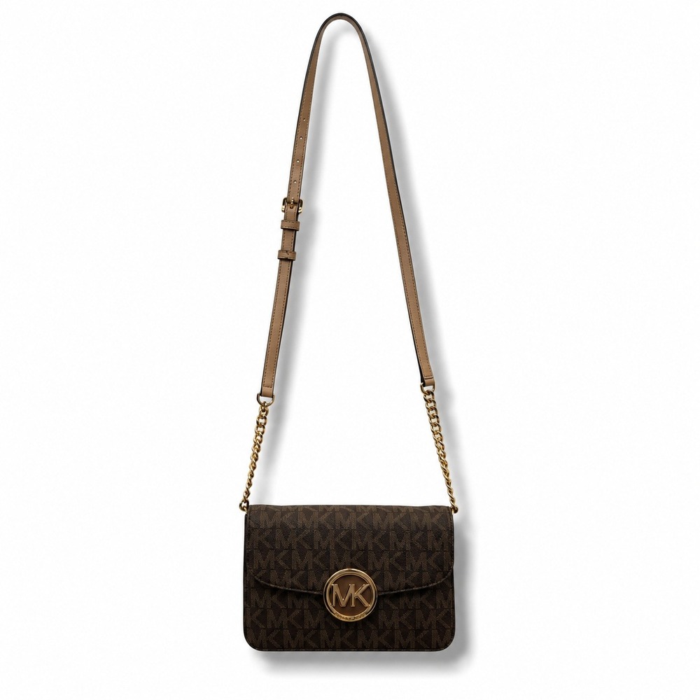 Michael Kors Fulton Flap Crossbody Bag Brown MK Signature PVC Gold Logo Monogram